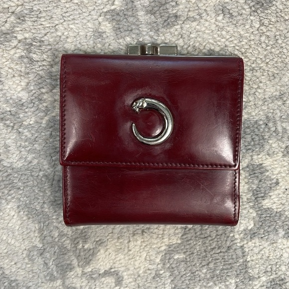 Cartier Bordeaux Panthere Glossy Leather Wallet Trifold Kisslock Compact - Picture 3 of 17